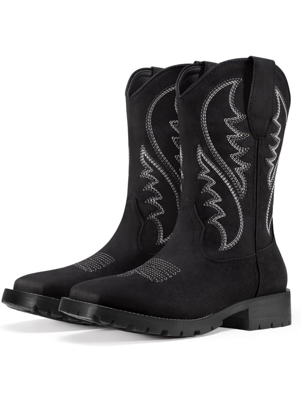 Men's Black Synthetic Western Cowboy Square Toe Embroidered Pull-On Boots